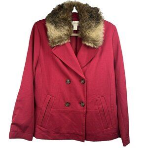 Chico's Women Coat Large‎ Faux Fur Removable Collar Red Lined Long Sleeve Button